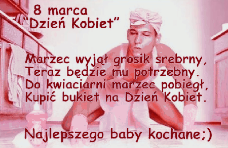 Mężczyzna w różowym stroju z życzeniami na dzień kobiet